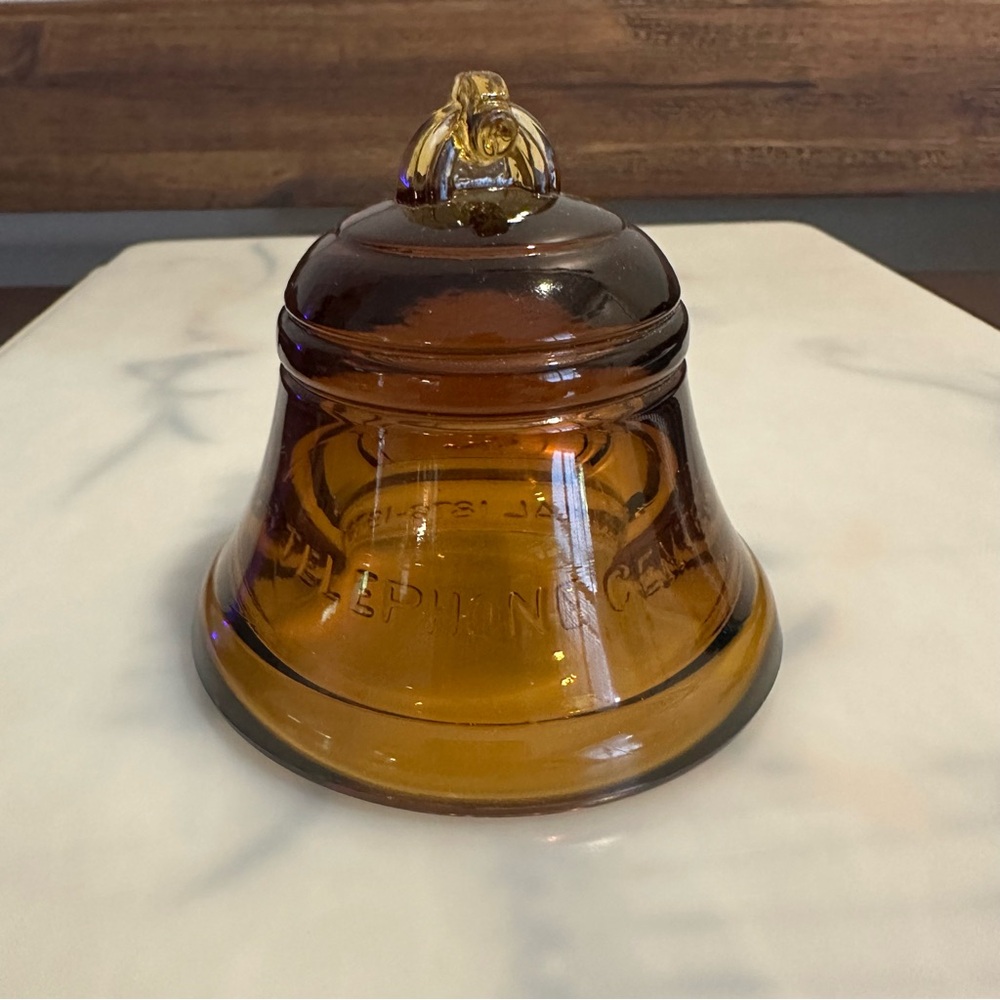 Vintage 70s Amber Bell Telephone Centennial Glass Paperweight 1876-1976